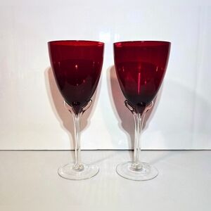Cadmium Ruby Red Wine Glasses Tulip Base 9.5" Set of 2 Hand Crafted Glassware